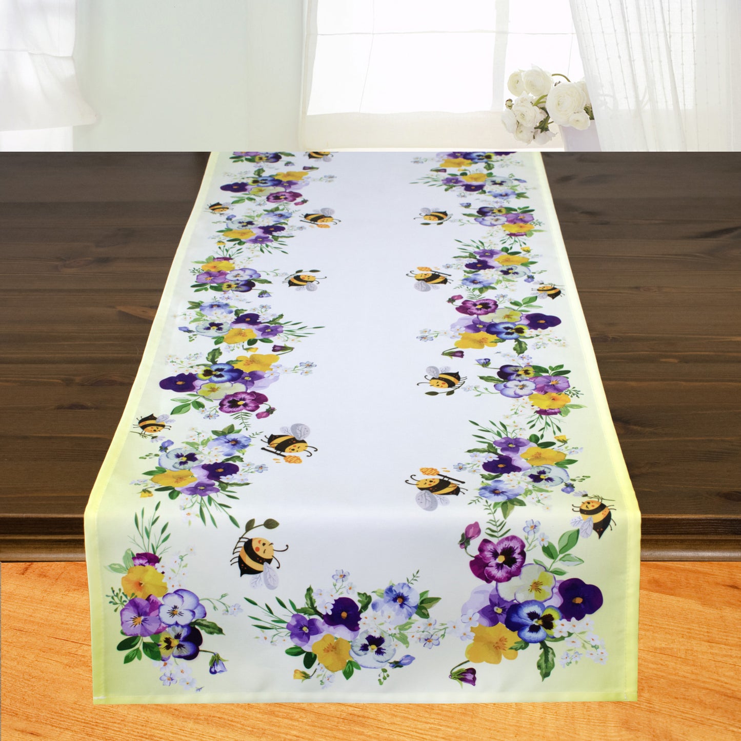 Fischer Fensterbilder Tischläufer mit Digitaldruck " Blumen und Bienen" 40x140cm